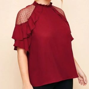 Mesh shoulder ruffle blouse